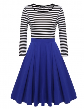 

Blue Long Sleeve Pleated Dress Striped High Waist Casual Dress, Multicolor