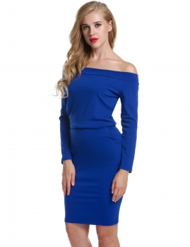 

ANGVNS Blue Women's Off the Shoulder Long Sleeve Bodycon Pocket Midi Pencil Party Dresses, Multicolor