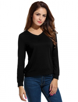 

Black V-Neck Long Sleeve Classic Solid T-Shirts, Multicolor