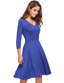 

Blue V-Neck 3"4 Sleeve High Waist Solid A-Line Casual Dress, Multicolor