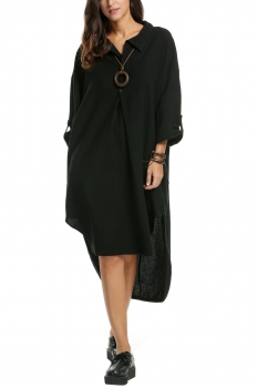 

Black Long Sleeve High Low Hem Pockets Plus Size Casual Dress, Multicolor