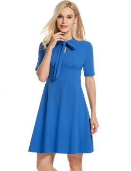 

Blue Solid Bow Neck Short Sleeve Mini Dress, Multicolor