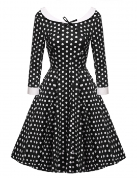 

Black Women 3"4 Sleeve Pleated Dot Large Swing Hem Slim Party Mini Casual Dresses, Multicolor