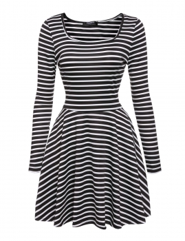 

Black Square Neck Long Sleeve Striped Pleated Swing Casual Dress, Multicolor