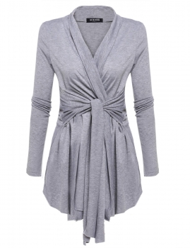 

Gray V-Neck Asymmetric Hem Wrap Belted Slim Tunics, Multicolor