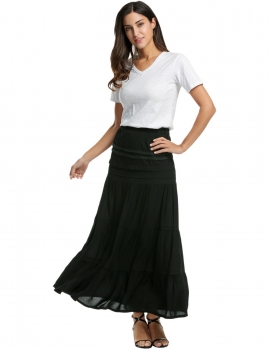 

Meaneor Black Women Casual Elastic Waist Lace Trim Boho Solid Long Maxi Tiered Skirts, Multicolor