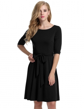 

Meaneor Black New Women Casual O-Neck Solid Pleated with Belt Work Dresses, Multicolor