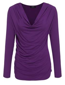 

Zeagoo Purple Black Women Cowl Neck Long Sleeve Slim Fit Ruched Solid Tops Shirts & Blouses, Multicolor