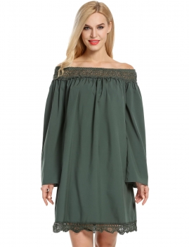 

Army green Women Sexy Off the Shoulder Long Sleeve Hollow Out Solid Top Mini Casual Dresses, Multicolor