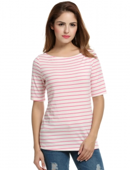 

Meaneor White pink New Women Casual Round Neck Short Sleeve Striped Tank Tops T-Shirts, Multicolor