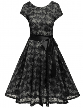 

Black Short Sleeve Vintage Style Floral Lace O Neck Party Dress, Multicolor