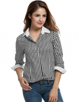 

Black Women Stand Neck Button Down Long Sleeve Striped Slim Casual OL Tops Shirts & Blouses, Multicolor