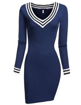 

Blue V-neck Long Sleeve Bodycon Knitting Package Hip Going Out Dress, Multicolor