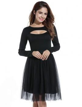 

Women Long Sleeve Ball Gown Bubble Dress High Waist Patchwork Slim Party Knee Dress, Multicolor