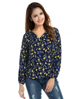 

Blue Women Fashion Floral Print Long Sleeve Tops Shirts & Blouses, Multicolor