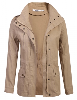 

Beige Turn Down Collar Zip Up Drawstring Solid Jacket with Pockets, Multicolor