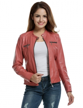

Pink Faux Leather Zip-Up Solid Slim Fit Motorcycle Jacket, Multicolor