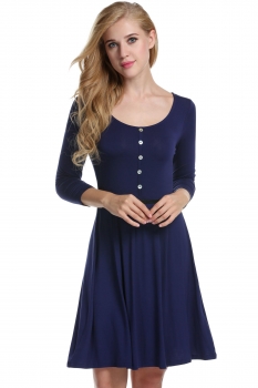 

Blue Round Neck 3"4 Sleeve Solid A-Line Belted Dress, Multicolor
