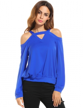 

Lake blue Halter Long Sleeve Off the Shoulder Casual Tops, Multicolor