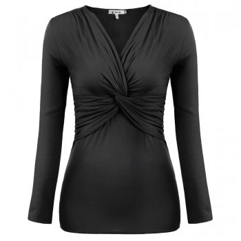 

Black Women V Neck Long Sleeve Slim Pleat Casual Tops, Multicolor