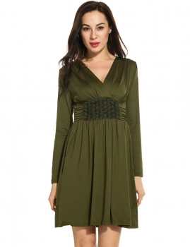 

Army green Women Casual Long Sleeve Solid V Neck Pullover A-Line Dress, Multicolor