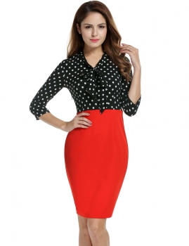 

Women 3"4 Sleeve V-Neck Pencil Dress Dot Patchwork Package Hip Slim Party Knee Dress, Multicolor