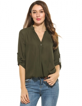 

Sloping Line Button Down Long Sleeve Solid Pleated Blouse, Multicolor