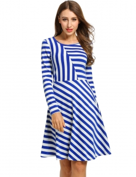 

Blue Long Sleeve Stripe O Neck A-Line Dress, Multicolor