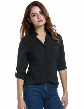

Black V Neck Long Sleeve Stylish Button Down Chiffon Blouses, Multicolor