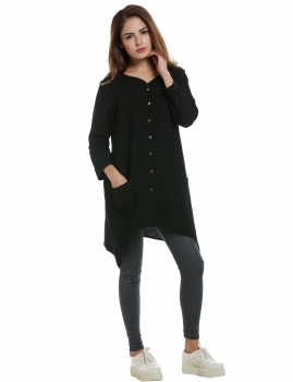 

Black V Neck Button Down Linen Loose Asymmetrical Hem Tunic, Multicolor