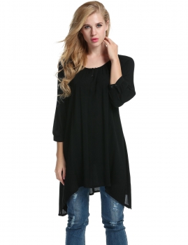 

Black Solid Asymmetrical Hem 3"4 Sleeve Loose Fit Tops, Multicolor