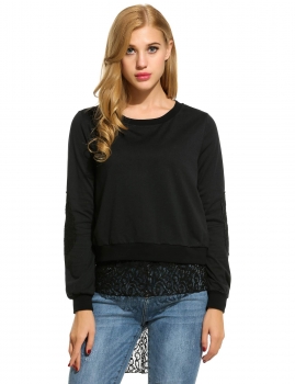 

Black Button Back Lace Patchwork Asymmetrical Hem Long Sleeve Tops, Multicolor