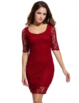 

Wine red O-Neck Three Quarter Sleeve Lace Floral Party Dress, Multicolor