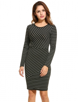 

New Women Casual O-Neck Long Sleeve Striped Dress, Multicolor