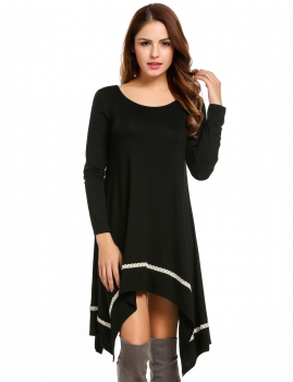 

Black Long Sleeve Loose Irregular Lace Hem Tunic Casual Dress, Multicolor