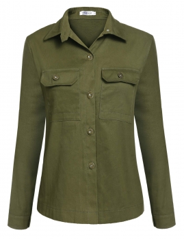 

Army green Women Casual Turn-down Collar Long Sleeve Pockets Solid Denim Coats & Jackets, Multicolor