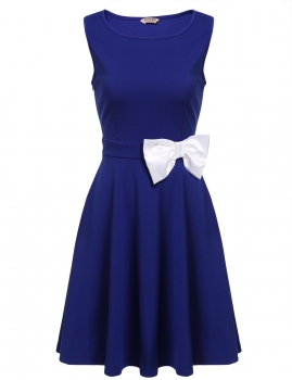 

ACEVOG Blue Women O-Neck Sleeveless Solid Cocktail Bow Pleated Skater Party Dresses, Multicolor