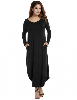 

ACEVOG Black Women O-Neck Long Sleeve Side Slit Pocket Loose Maxi Casual Dresses, Multicolor