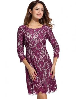 

Purple Women Casual Lace 3"4 Sleeve Neck Skinny Waist Going Out Dresses, Multicolor