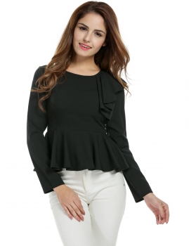 

Black Women's Long Sleeve One Shoulder Asymmetric Ruffles Peplum Tops Shirts & Blouses, Multicolor