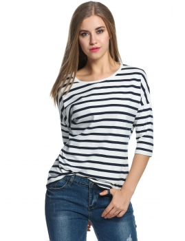 

White O-Neck 3"4 Batwing Sleeve Striped Loose Tops, Multicolor