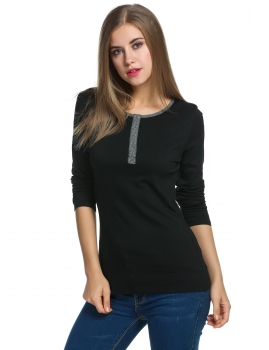 

Meaneor Black Women's Casual O-Neck Long Sleeve Button Front Slim Fit T-Shirt Tops Shirts, Multicolor