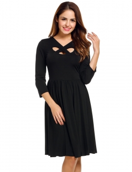 

ACEVOG Black Women Cross V-Neck Cut Out 3"4 Sleeve Fit and Flare Party Pleated Casual Dresses, Multicolor