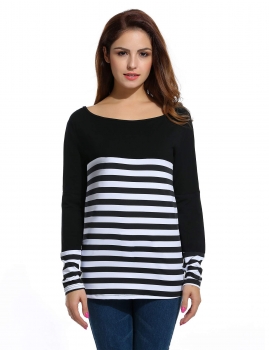 

Black Autumn Loose Long Sleeve O-Neck Patchwork Striped T-Shirts, Multicolor