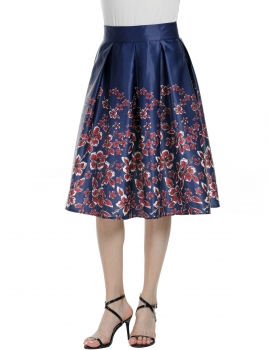 

Blue High Waist Floral Pleated Skirt, Multicolor