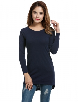 

Blue Raglan Long Sleeve Solid High Low Hem Long Slim Tops, Multicolor