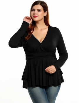 

Black New Women Long Sleeve Solid Ruched V-neck Shirts & Blouses Casual Tops, Multicolor