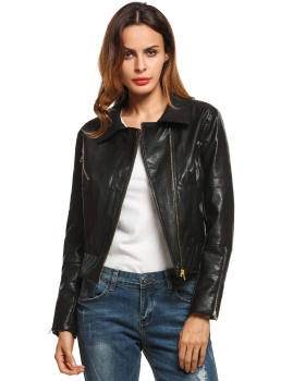 

Long Sleeve Turn-down Collar Solid Oblique Zipper Faux Leather Jackets, Multicolor