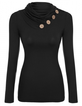 

Zeagoo Black Long Sleeve Cowl Neck Slim Button Tank Tops T-Shirts, Multicolor
