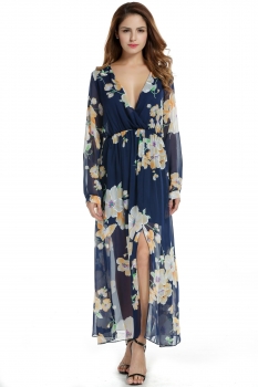 

Zeagoo Dark blue Women Chiffon V-Neck Long Sleeve Slit Floral Maxi Party Beach Casual Dresses, Multicolor